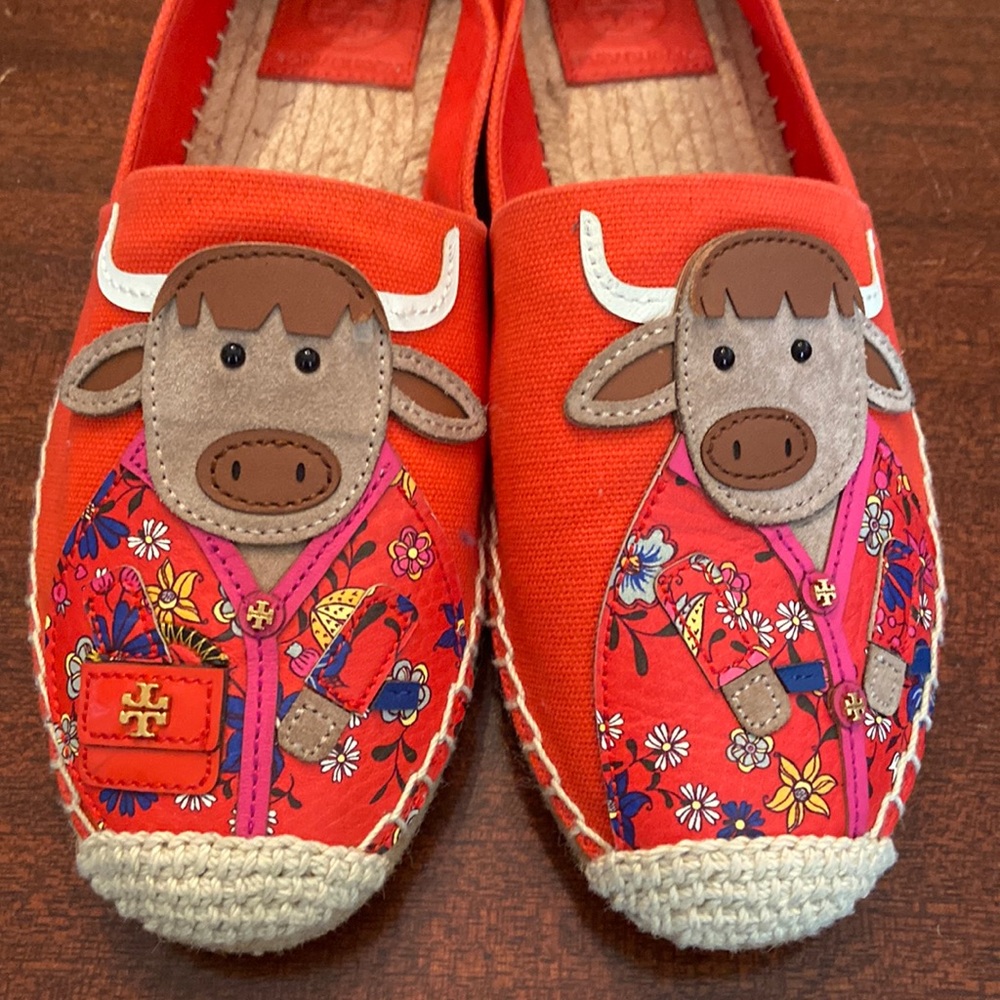 Tory Burch Lunar New Year Ox Rare Espadrilles 7 Canvas Leather 80750 Red Special